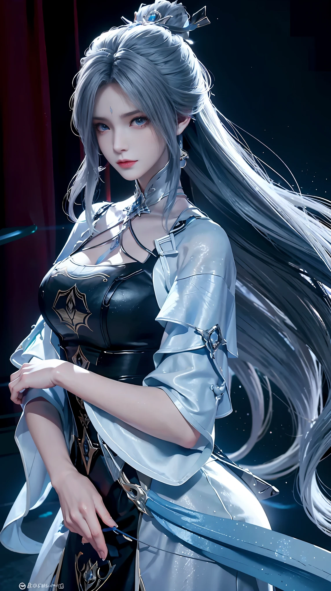 Realistic, High-resolution images，From "The King of Fighters". She is a high, Elegant woman，long, Silver Hair, Sharp blue eyes, and pale skin. She was wearing a stylish black suit，A white shirt underneath, Makes her look strong and professional. Her expression was cool and confident., She has a slightly threatening aura.. The background is dim, Modern office with large windows，Night view can be enjoyed. The lighting is very melancholy, The shadows accentuate her sharp features..