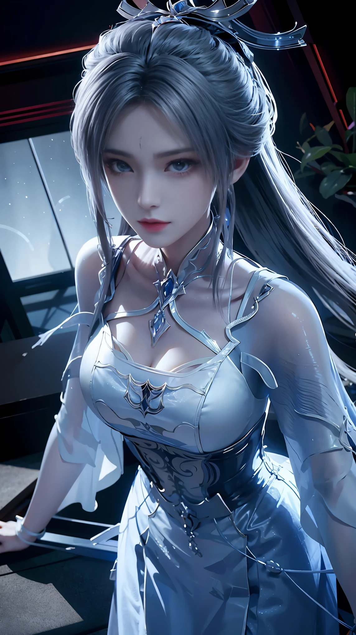 Realistic, High-resolution images,From "The King of Fighters". She is a high, Elegant woman,long, Silver Hair, Sharp blue eyes, and pale skin. She was wearing a stylish black suit,A white shirt underneath, Makes her look strong and professional. Her expression was cool and confident., She has a slightly threatening aura.. The background is dim, Modern office with large windows,Night view can be enjoyed. The lighting is very melancholy, The shadows accentuate her sharp features..