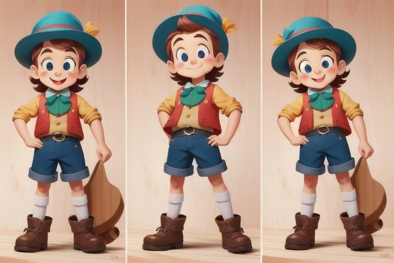 Cartoon aspect ratio, A Joker, character sheet,full body,low poly,The head to body ratio is 1:1, (((perfect detail overload))) Generate an image of Pinocchio, Pinocchio is a wooden puppet with a long nose that grows every time he tells a lie.. He has a round face with rosy, glowing cheeks., expressive eyes. Your hair is done short, brown wood threads that stick out in different directions. Pinocchio wears a colorful outfit consisting of a blue hat with a feather, a red vest, and green shorts. He has articulated wooden limbs that allow him to move and gesture.. Please, generate an image that captures the essence of Pinocchio&#39;s character and appearance. (Characters in the style of Clash Royale), 3D rendering art, highly detailed specialized concept art, obsidian skins, , stylized concept art, The backdrop is an epic scene with fire and dramatic clouds scattered across the sky., with solid round eyes, very high detail, 8k, Super Detail, Precision, The best quality, and projected shadows.