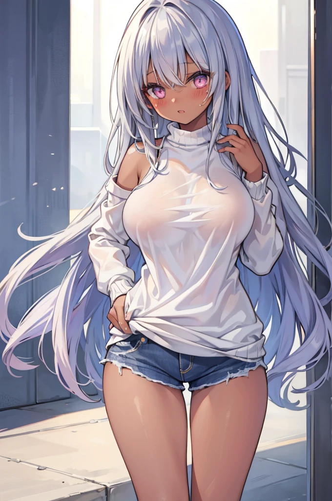 girl,masterpiece, Best Quality, Anime Girl,Long silver hair,Blushing,Tanned brown skin,Dark Skin Tone,orgasm,,White sweater,Distressed jeans,Large breasts