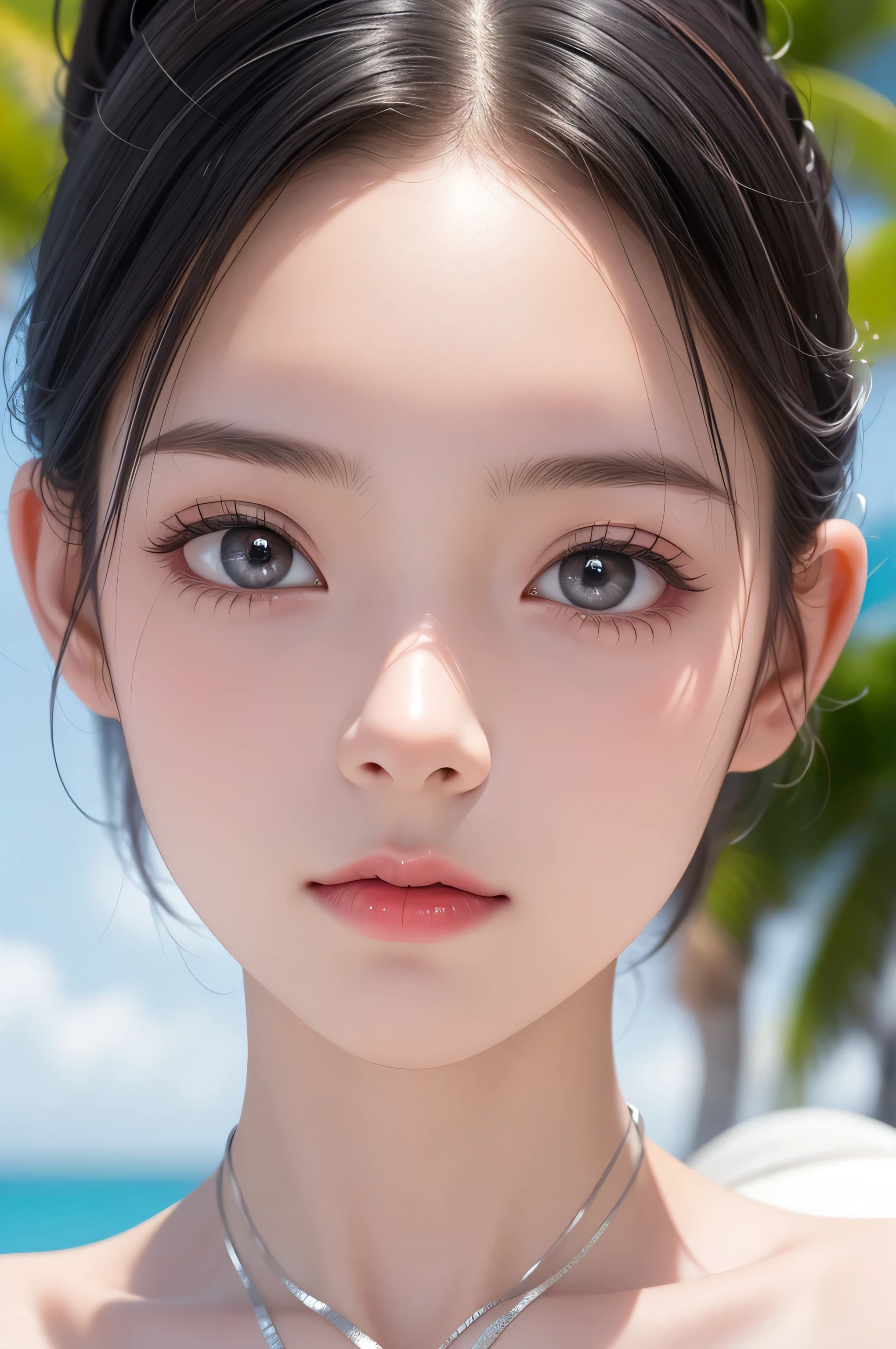 One Girl，(very cute high school girl:1.3)，masterpiece，Best Quality，High resolution，(((Photorealistic)))，RAW Photos，Ray Tracing，Physically Based Rendering，beautiful girl，(:1.4)，cute，(detailed pupils:1.2)，(The face is facing straight ahead:1.3)，The body is facing forward，(Big Eyes:1.4)，Beautiful nose，Upturned nose，Fuller lips，Short black hair，ponytail，(Short Hair:1.3)，Detailed eyelashes，Thin eyebrows，Very fine grain definition，(Symmetrical eyes:1.4)，(silver ratio:1.3)，(Face close-up，Face Focus:1.2)，Small breasts，Slim figure，Short neck，Round shoulders，White Bikini，Swimwear，sea，Sandy Beach，Upper Body，Soft diffused light，Cinema Lighting，High resolution，Very detailed