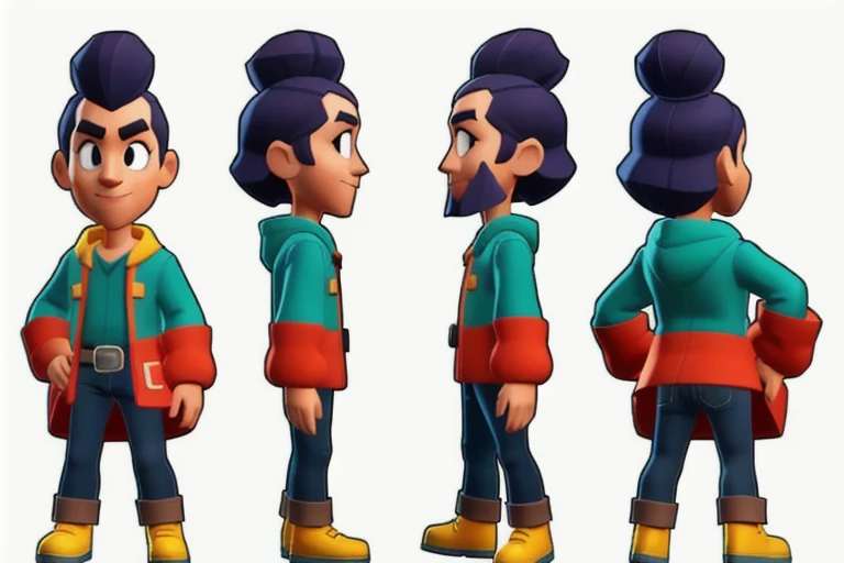 Cartoon aspect ratio, A Pinocchio, character sheet, full body, low poly, The head to body ratio is 1:1