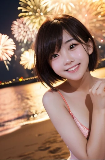 Red cheeks、shy、Light clothing、Sandy Beach、Beautiful girls、cute、short hair、20 years old、Round face、smile、Her breasts are large、Beautiful Eyes、Angry face、Clean hands、night、Behind the beautiful fireworks、happy、enjoy