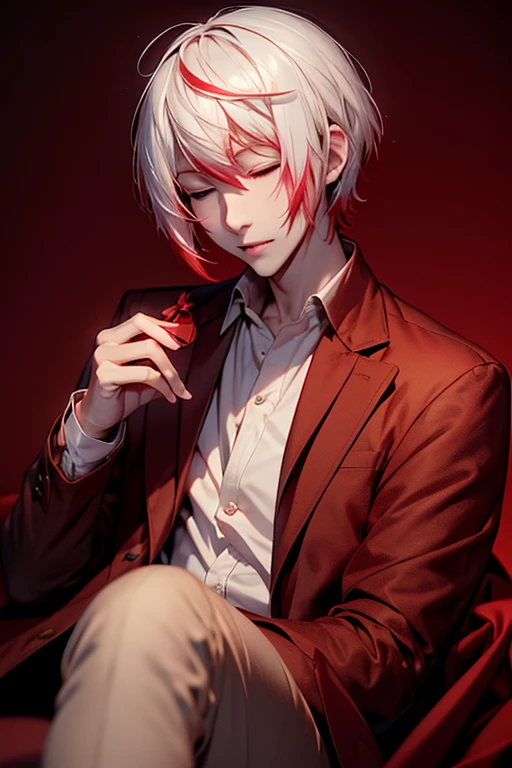 1man, adult, male focus, solo, parted lips, closed eyes, hopeless expression, rough face, ((holding small gift box)), collared shirt, visible collarbone, crossed legs, jacket, pants, shirt, white hair with red tips, pastel colors, dark ambient background, professionally tone-graded