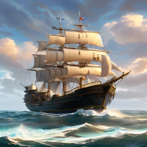 painting of a large sailing ship in rough ocean with clouds, ship at sea, ships with sails, sailing ship, sea of thieves style, galleon, amazing wallpaper, very detailed digital painting, detailed painting 4 k, painted in high resolution, on a pirate ship background, sails, a beautiful artwork illustration, background artwork, a ship lost in a storm