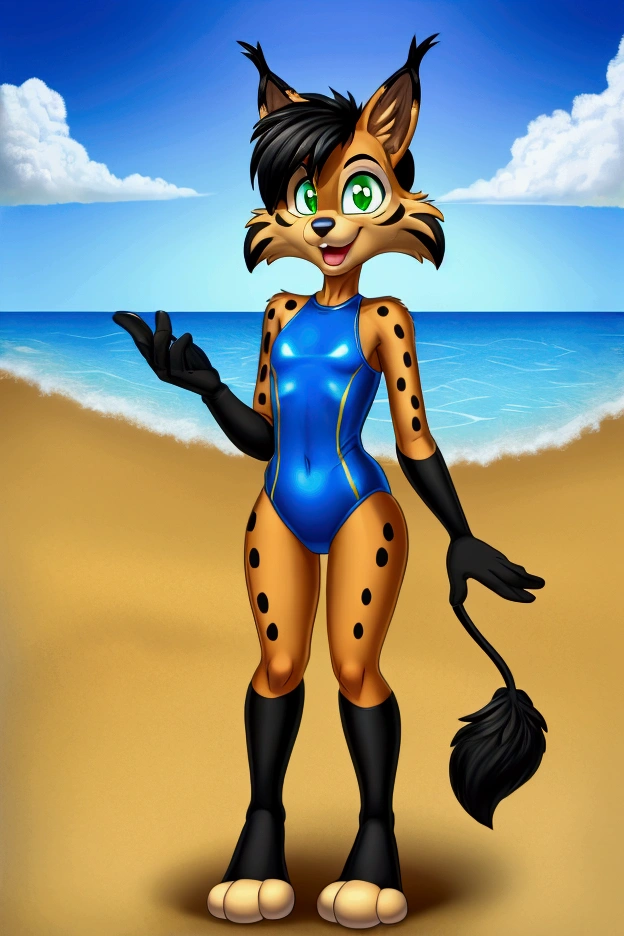 Highest quality, Highest quality, High quality illustrations, masterpiece, Ultra-high resolution, Detailed Background, beach, Absurd, Perfect Anatomy, performance, Good lighting, Shadows in the movies(kemono, Furry PersonifiCation), Cat, Black Skin, Rubber suit, Rubber suit, latex, neon, neonライト, neonカラー, Light blue rubber swimsuit, Rubber mask, juvenile, 