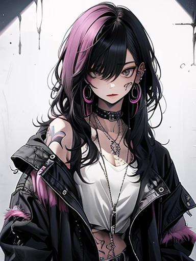 Anime goth girl with purple hair, silver eyes, brown skin and a black shirt with skulls on it and black ripped jeans and black spikedleather boots (full body)