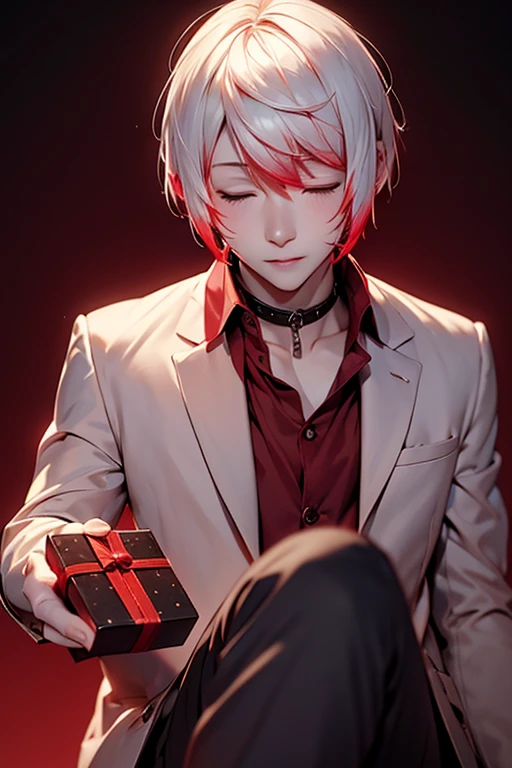 1man, adult, male focus, solo, parted lips, (closed eyes), hopeless expression, rough face, ((holding present gift box)), collared shirt, visible collarbone, crossed legs, jacket, pants, shirt, white hair with red tips, pastel colors, dark ambient background, professionally tone-grade