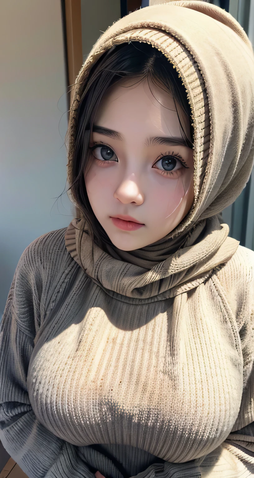Chubby adorable, 1 girl, (face to face), , baby face, happy, half body portrait, (face details: 1), (eye details: 1), ((big breasts)). wearing transparent transparency soft long shirt, hijab, .. Cute posed. proportional body. Ultra High Res. realistic: 1.4, UHD, (floral pattern), view from side seductive pose