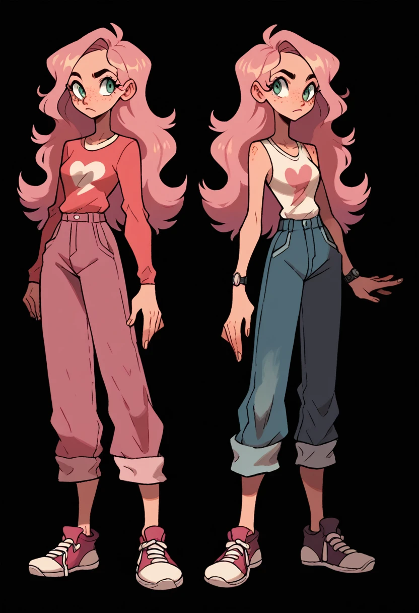 Human Female ,pink long hair , freckles ,Simple background,character sheet , concept art , 