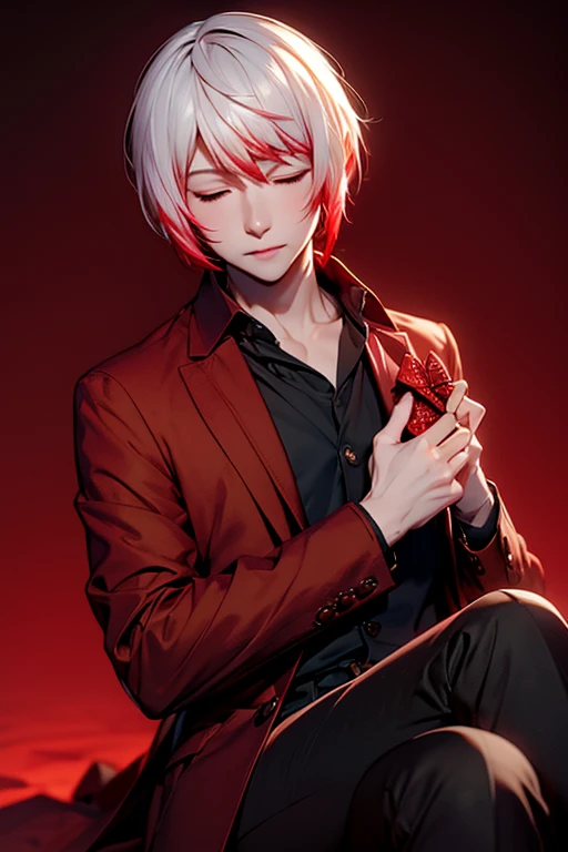 1man, adult, male focus, solo, parted lips, (closed eyes), hopeless expression, rough face, ((holding present gift box)), collared shirt, visible collarbone, crossed legs, jacket, pants, shirt, white hair with red tips, pastel colors, dark ambient background, professionally tone-grade