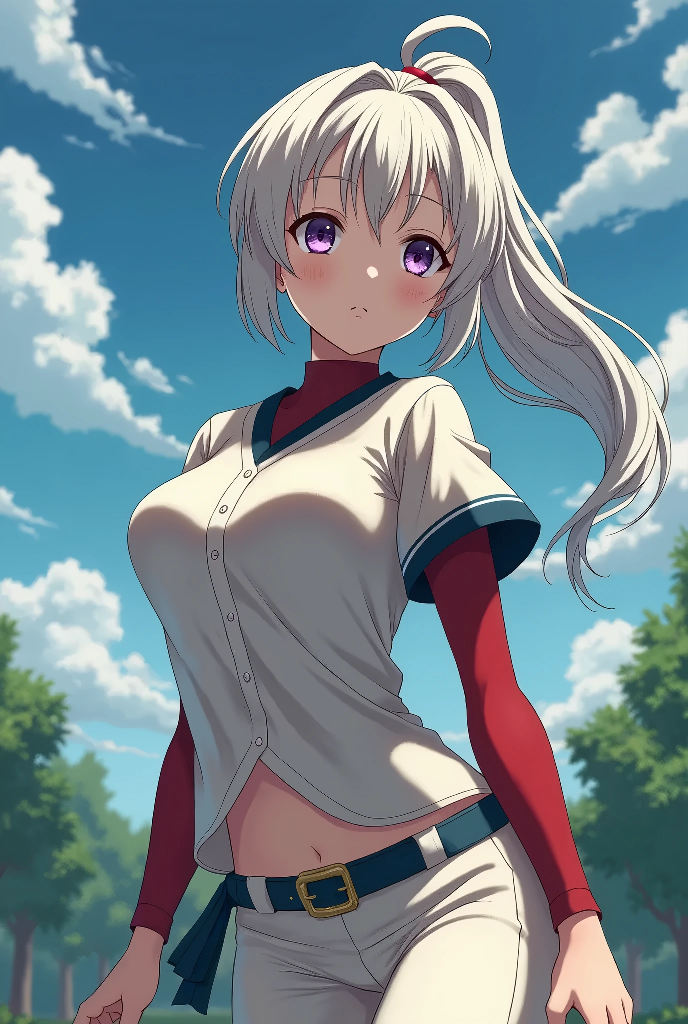 (busty girl), (white jacket), (light pink)tanktop, (pink thong)(high-leg)(high-cut), erect nipples, Narrow constricted waist, belly button, Small hips, bare hips, (partially exposed)vulva, (blond hair)buns(twintails), White ribbon, Dark Eyes, blue eyes, sunny, (crotch wedge)cameltoe