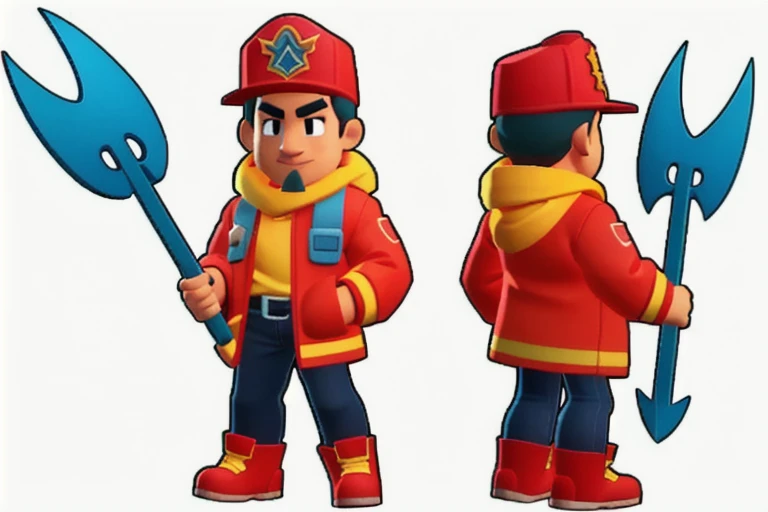 Cartoon aspect ratio, A firefighter with a trident in his hand, character sheet,full body,low poly,The head to body ratio is 1:1