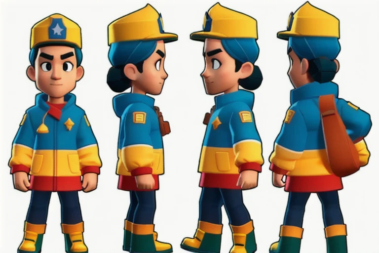 Cartoon aspect ratio, A firefighter with a trident in his hand, character sheet,full body,low poly,The head to body ratio is 1:1