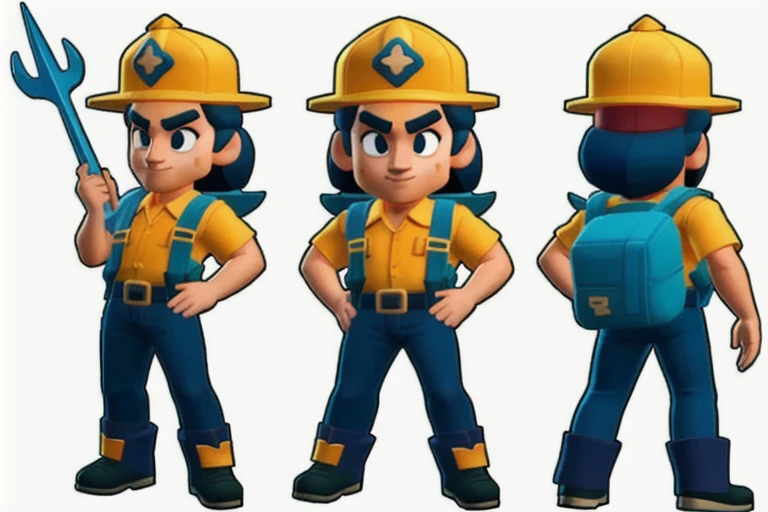 Cartoon aspect ratio, A firefighter with a trident in his hand, character sheet,full body,low poly,The head to body ratio is 1:1