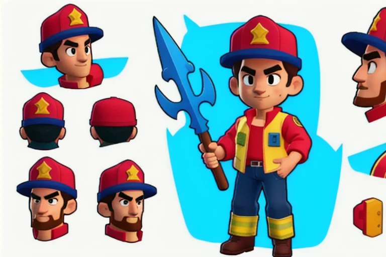 Cartoon aspect ratio, A firefighter with a trident in his hand, character sheet,full body,low poly,The head to body ratio is 1:1