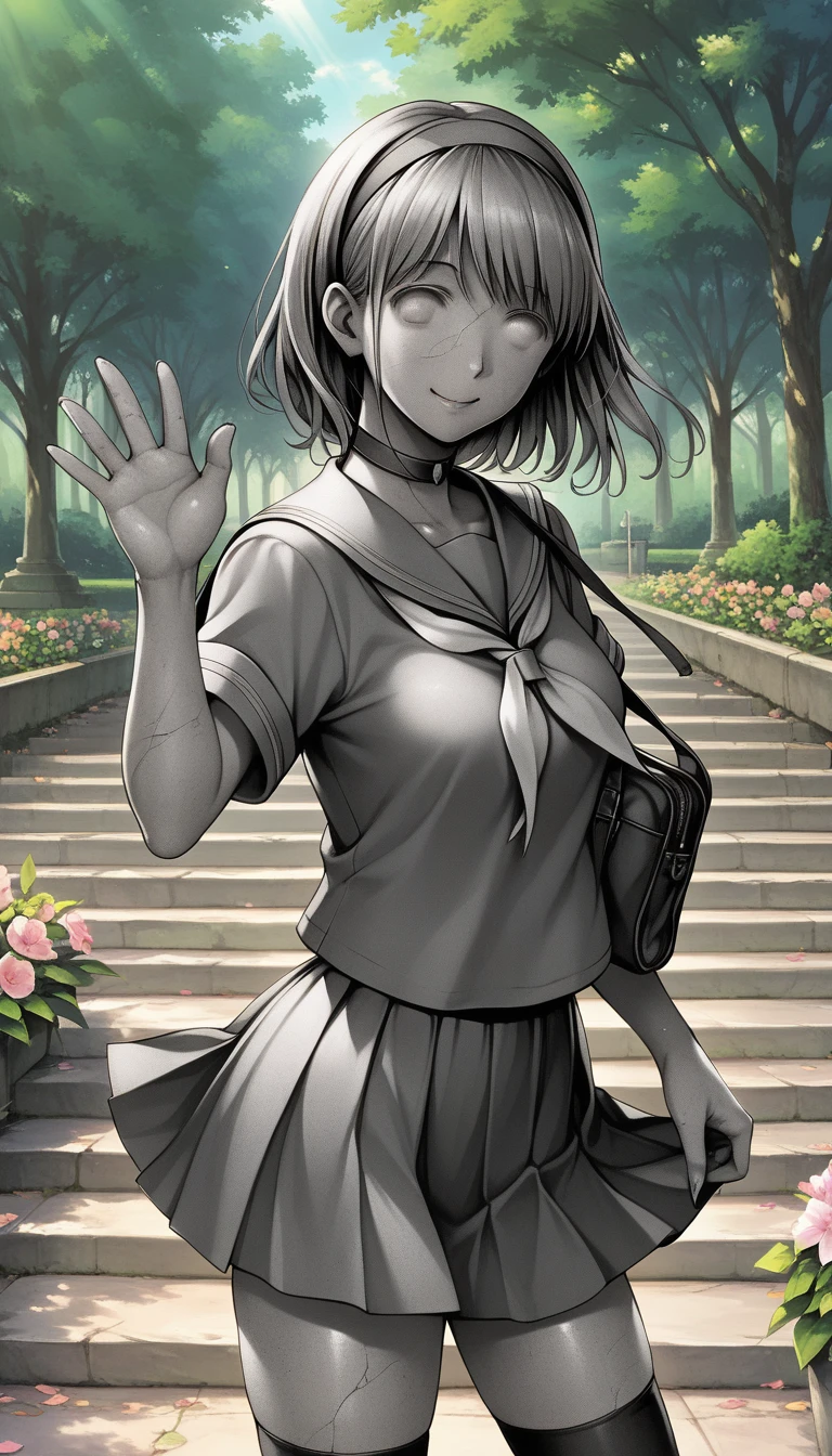 Petrifull, Petrification, stone statue, colored skin, grey skin, blank eyes, no eyes BREAK  1girl, solo, serafuku, school uniform, shirt, skirt, hairband, thighhighs, choker, smile, waving, museum exhibit, classic art, outdoor setting, park, sunlight, surrounded by flowers,