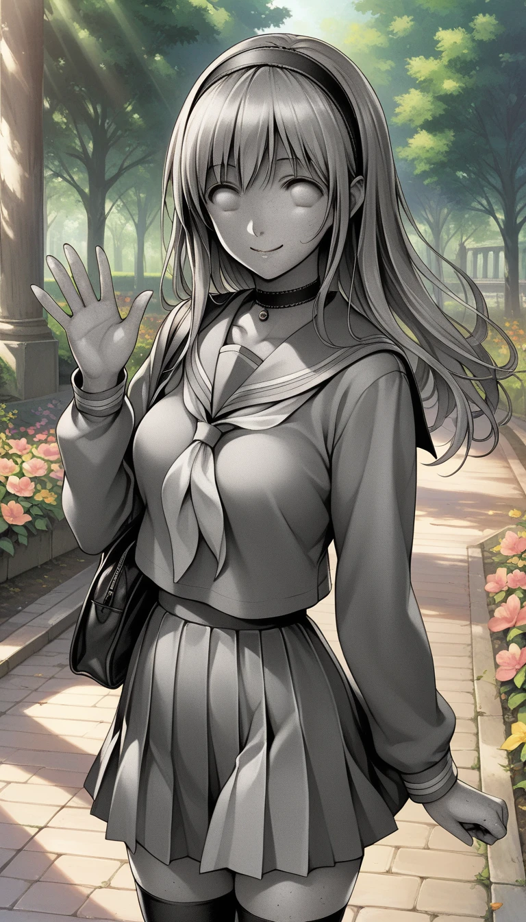 Petrifull, Petrification, stone statue, colored skin, grey skin, blank eyes, no eyes BREAK  1girl, solo, serafuku, school uniform, shirt, skirt, hairband, thighhighs, choker, smile, waving, museum exhibit, classic art, outdoor setting, park, sunlight, surrounded by flowers,