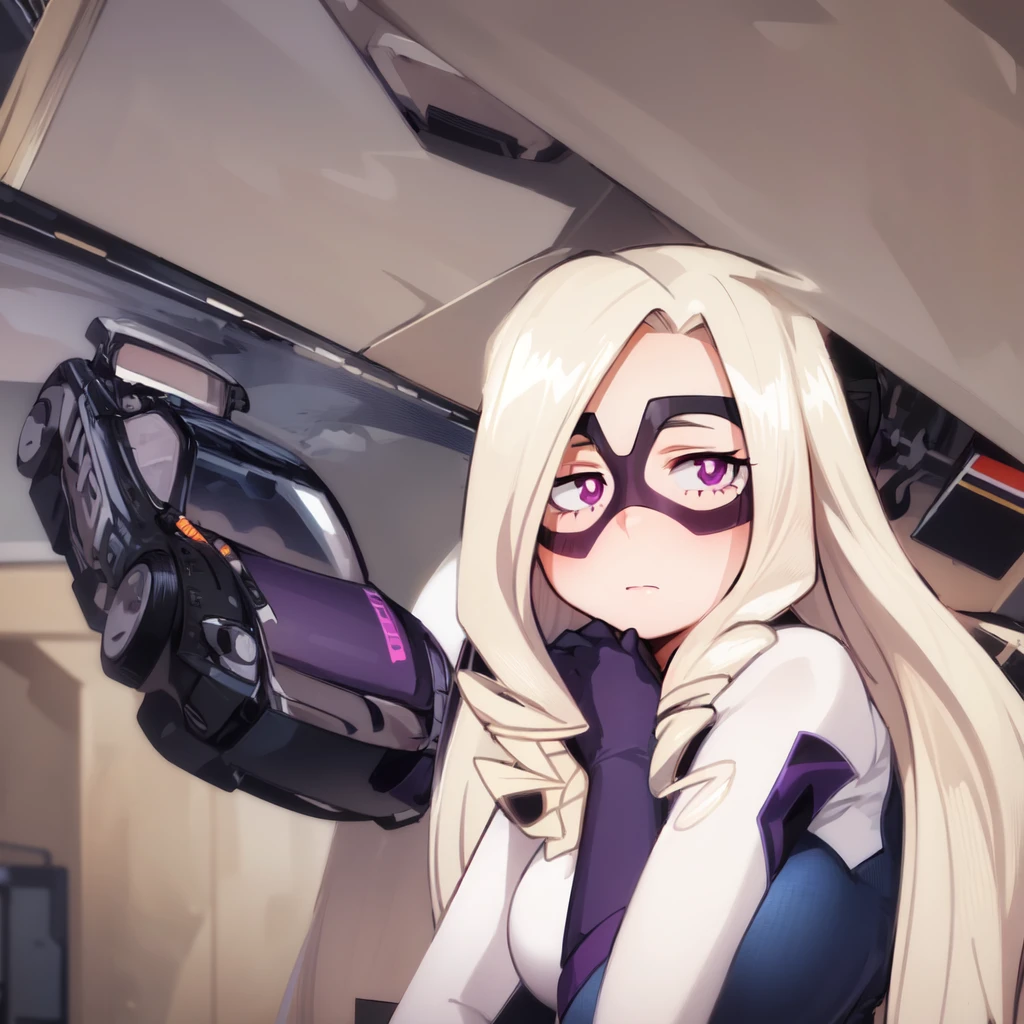 ((best quality)), ((highly detailed)), absurdres, (detailed eyes, deep eyes), (1girl), reflection, on knees, Yu Takeyama, long hair, blonde hair, drill hair, purple eyes, wide hips, breasts, serious, racing jacket, jeans, pants, white shirt, sneakers, headband, (teku word, on headband)