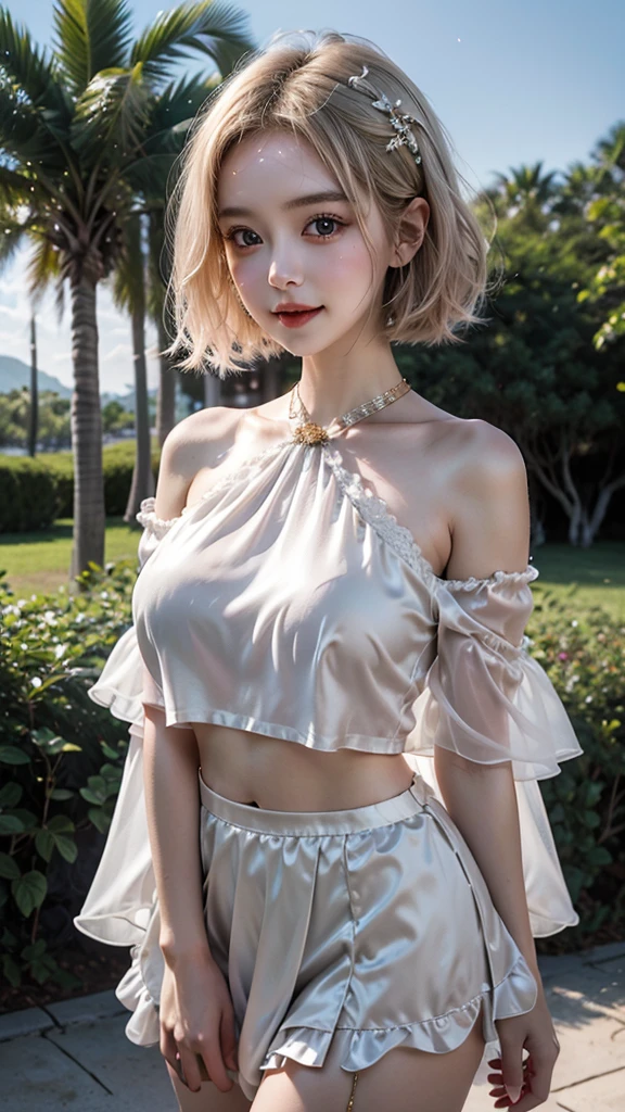 (8K, Photorealistic, Raw photo, Highest quality: 1.4),Japanese idol-style beautiful girl,1 person,18-year-old,(Short Bob),(Silver Hair :1.2),She has her hair tucked behind her ears,My hair is blowing in the strong wind,Clear grey eyes,Long eyelashes,(piercings(small)),(Lip gloss),lips(Plump,glossy),thin long neck,(camisole),(flare skirt(Layered lace)),tights(Mesh),barefoot,(Sleeveless jacket((Lace embroidery),(Mesh))Layering),She is holding her removed pumps in both hands.,Evening seaside,White sand beach,The background is the sun setting on the horizon,Date with boyfriend,Smiling at the camera,Knee shot snap