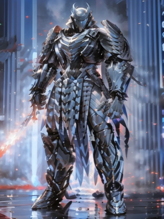 Character design, 1 girl,, slim body, medium chest, skinny waist, ((long deep red hair)). blue eyes. (((ice blue fantasy a female knight in a full armor))), (((big pauldrons, intricate details))), (((large black cape))), (((advanced weapon fantasy plasma sword in right hand))), (standing), in a walled city, masterpiece, HD high quality, 8K ultra high definition, ultra definition,