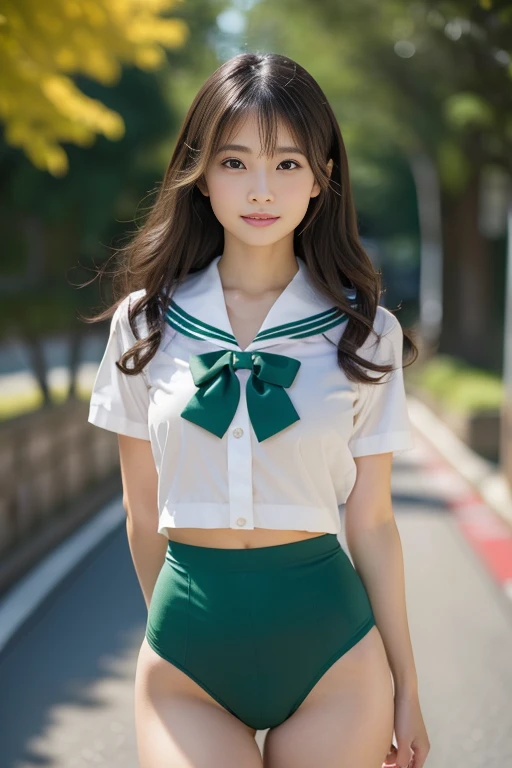 (masterpiece:1.3), (8k, Realistic, RAW Photos, Best image quality: 1.4), Japanese, (One Girl), Beautiful Face, (A vivid face), Beautiful hairstyle, Realistic eyes, 目の美しいdetailed, (Realistic Skin), charm, High resolution, Realistic, Attention to detail, Golden Ratio, (Detail Makeup:1.2), View your audience,Tabletop, Please redeem, 非常にdetailed, detailed, whole bodyの構造、Boldly spread your legs、Beautiful Attention to detail, Fitness Wear, Natural color lip,Realistic、Realistic、Please redeem、美しくdetailedな、Disorganized person、Incredibly irrational、My hair is messy、Floating Hair、Brown Hair、Wavy Hairstyle、Medium Hair、(非常にdetailedCG、8k portrait wallpaper)、(So delicate and beautiful)、(masterpiece)、(Sailor suit 1.2)、Collar is green、The ribbon is green、Sailor uniforms are short-sleeved、Outdoor、on the road、街のon the road、crowd、whole body, Looking into the camera, Japanese women, Perfect beauty, Visible pores in texture, Perfect Face, Beautiful Skin, Beautiful and toned body, Muscular, thin, Small breasts, きついお尻とSmall breasts、Small Ass、 Bloomers (Bloomers in Japan School, Seamless Design, Monochrome Bloomers, Bloomers are dark green, Accurately、Bloomers are elastic fabrics、Bloomers length from navel３ｃｍThe following degrees:::, )、Standing posture、smile、There are high school students in the background.、crowd、Standing posture、Front、Thighs、smile