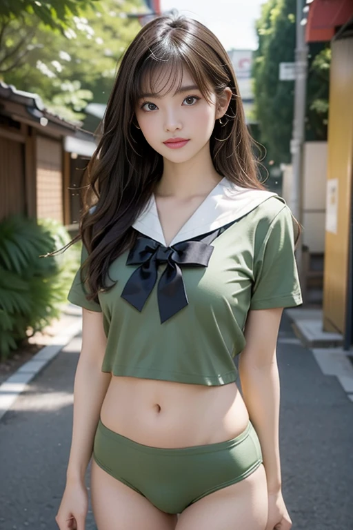 ((((highest quality))))、(((Ultra-precision CG16K wallpaper)))、(((masterpiece)))、(((Super detailed)))、(((super extreme details)))、1people's women、mature woman、25 year old woman、((Japanese face))、((very beautiful face))、((Masami Nagasawa:1.5))、((Soft wave semi-long hair:1.3))、(shiny hair)、bangs up to eyebrows、beautiful brown hair、beautiful delicate eyes、brown eyes、raised eyebrows、high nose、small nostrils、small mouth、seductive lips、mouth slightly open、beautiful breasts、C cup size breasts、cleavage、plump body、perfect proportions、perfect anatomy、perfect composition、beautiful detailed shading、beautiful natural lighting、beautiful detail glow、Depth of bounds written、(((High chroma)))、(((real:1.9)))、((vivid:1.4))、((beautiful skin))、((skin texture))、((realな皮膚感))、(((cowboy shot:1.5)))、((Angle seen from the front:1.5))、((smile:1.4))、(Eyes looking at me:1.3)、bright sunshine、(((garden:1.3)))、(standing pose:1.5)、(((Mint green color cropped sailor uniform clothing、wearing micro shorts:1.5)))、