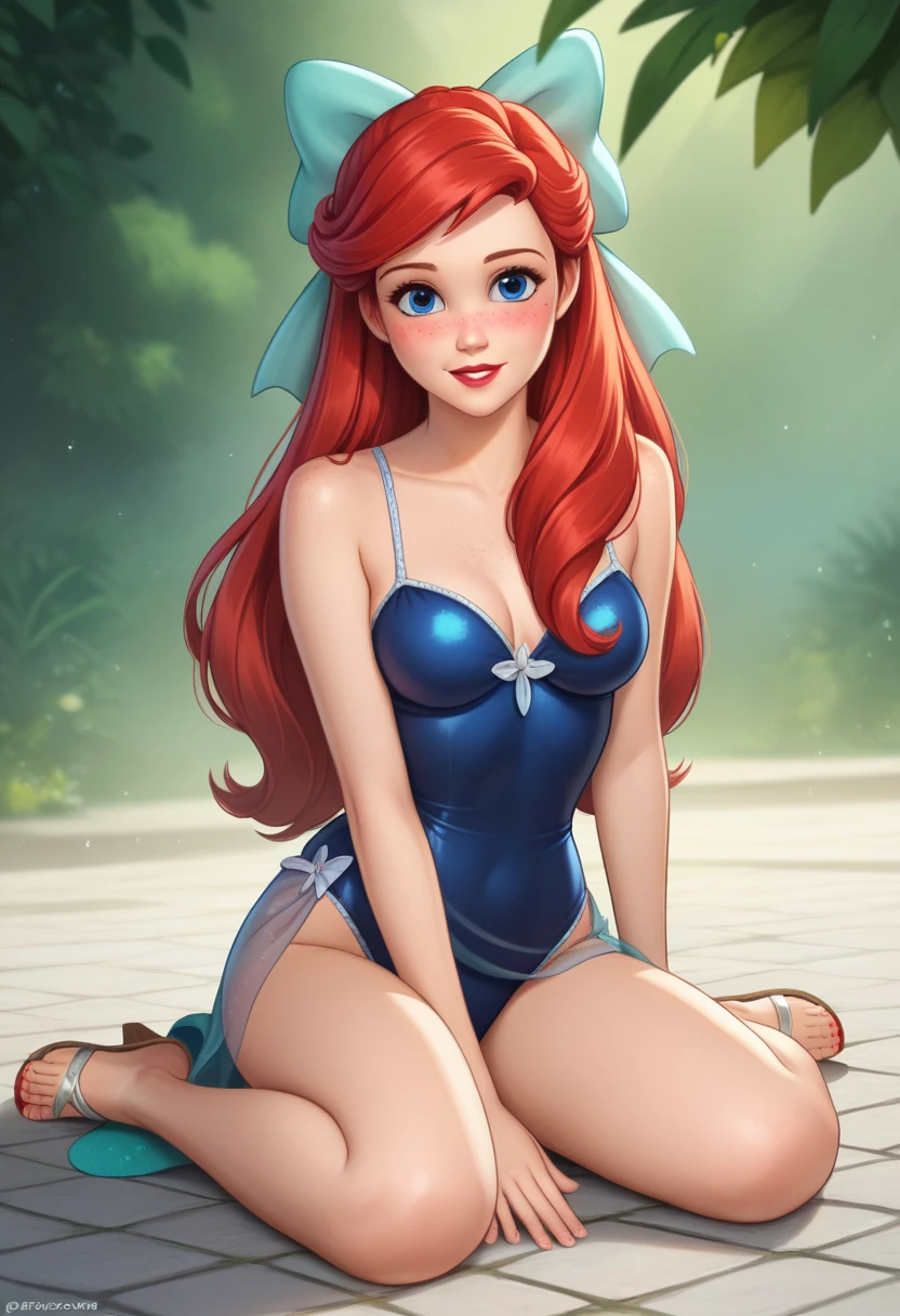 ((full body shot, standing, feet on the ground)) masterpiece, best quality, highly detailed, score_9, score_8_up, score_7_up, score_6_up, anime source, BREAK ariel, 1girl, solo, dress, red hair, gladoador sandals transparent, long hair, blue eyes, flower, hair bow, breasts, bow, sitting, looking at viewer, blue swimsuit, blush, freckles, parted lips, watermark, smile, full body, red lips, lips, transparent swimsuit, long sleeves, toenails, medium breasts, transparent leather flats
