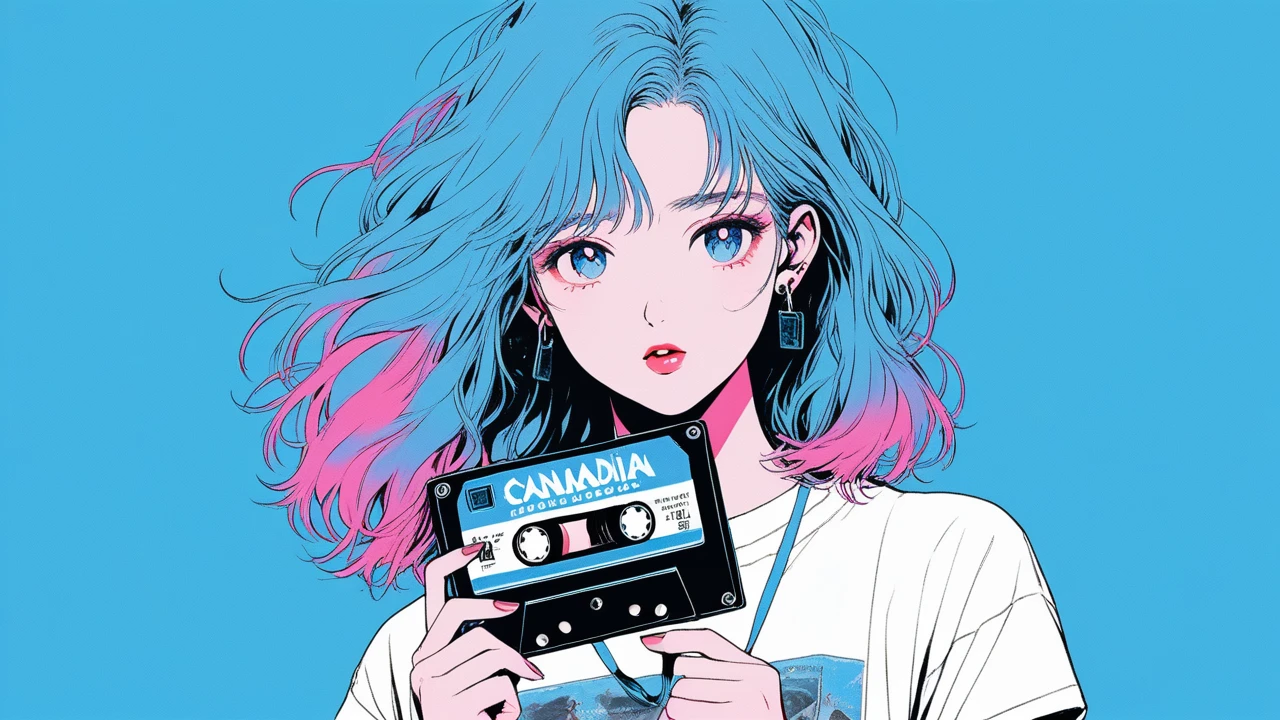 illustrator, animated , realistic ,sketch , 1 girl, ,lip, ｔshirt，order, Blue gradient background, summer、Neon hair,Textured finish, Canadian, (Masterpiece,highest quality)、The cassette tape placed in the front、realisticなカセットテープの大きさ、Cassette tape facing forward, The girl holds the ribbon with her hands