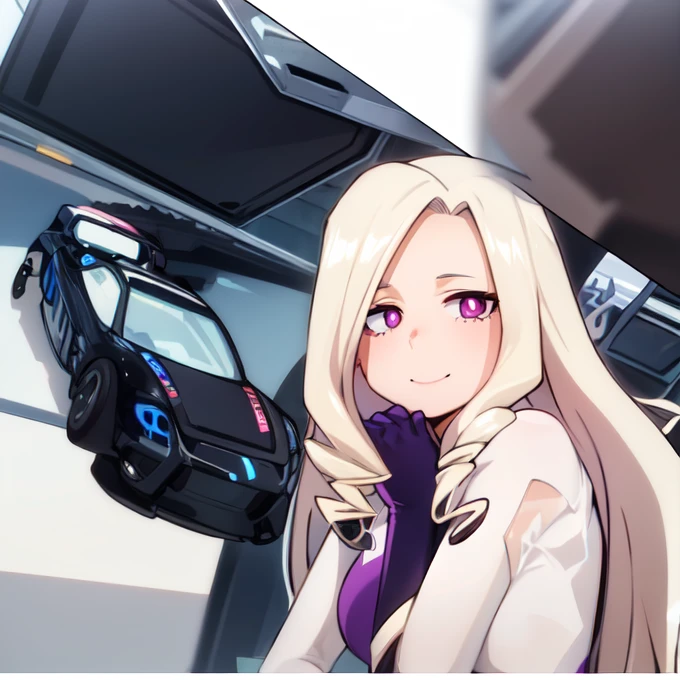 ((best quality)), ((highly detailed)), absurdres, (detailed eyes, deep eyes), (1girl), reflection, on knees, Yu Takeyama, long hair, blonde hair, drill hair, purple eyes, wide hips, breasts, serious, racing jacket, jeans, pants, white shirt, sneakers, purple headband, smile, gloves