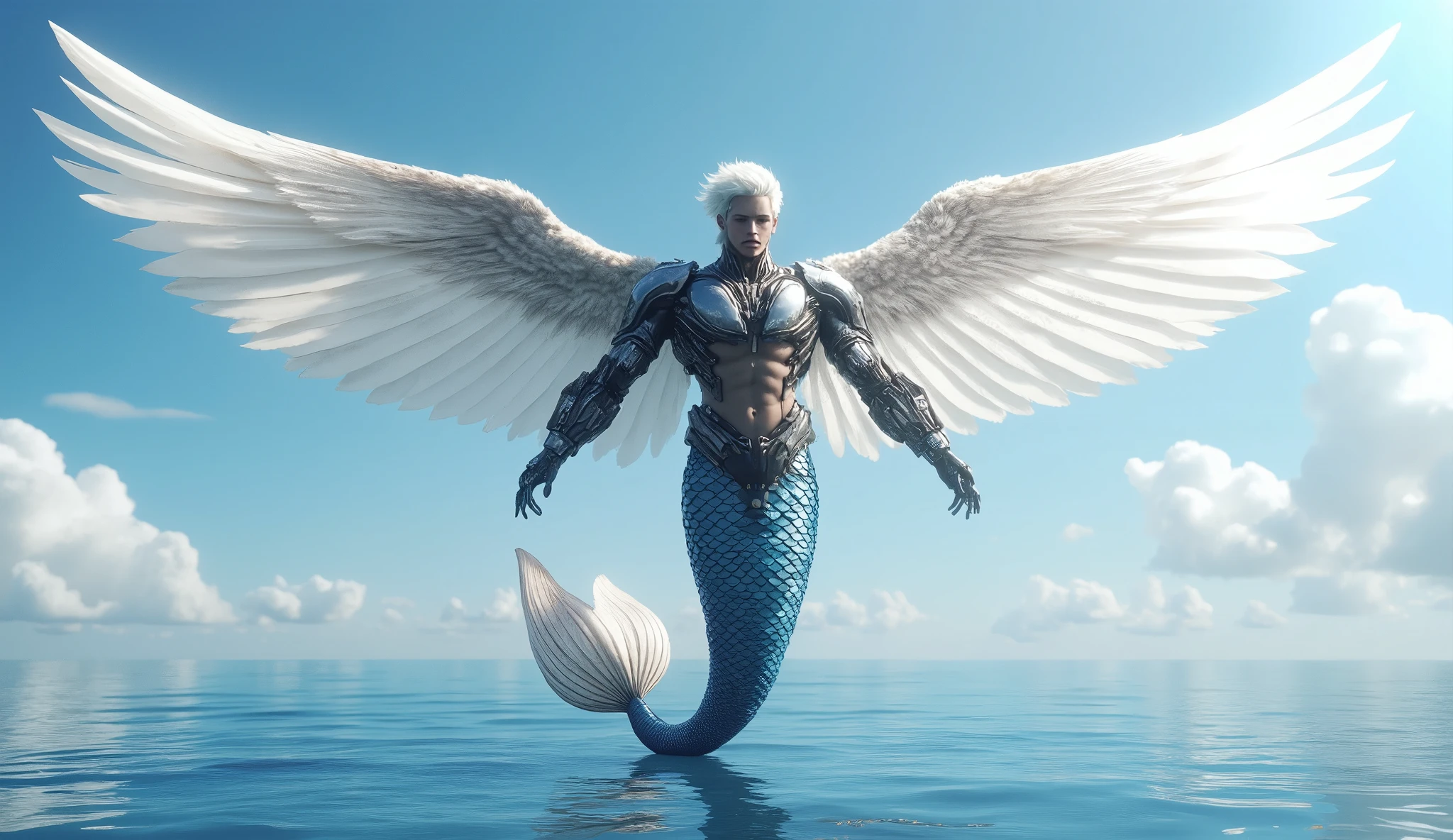 Angel，Man fish，mechanical，Mecha Clothing，Huge white feather wings spread out，The huge body connects the sky and the sea，Minimalism，Blue sky，White Cloud，The blue sea