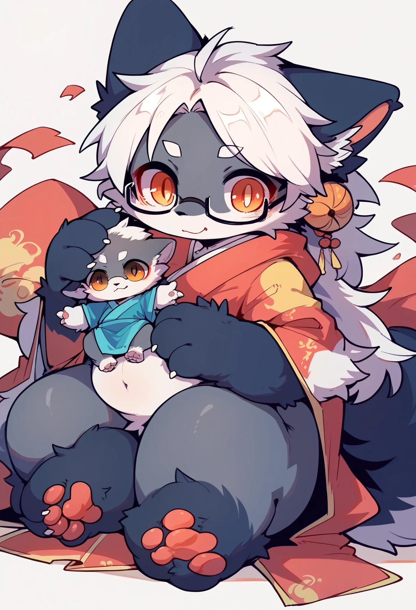 Wolf Girl，furry girl，Baby characteristics，White hair，Gray skin，Shawl，Chinese traditional clothing，Glasses，