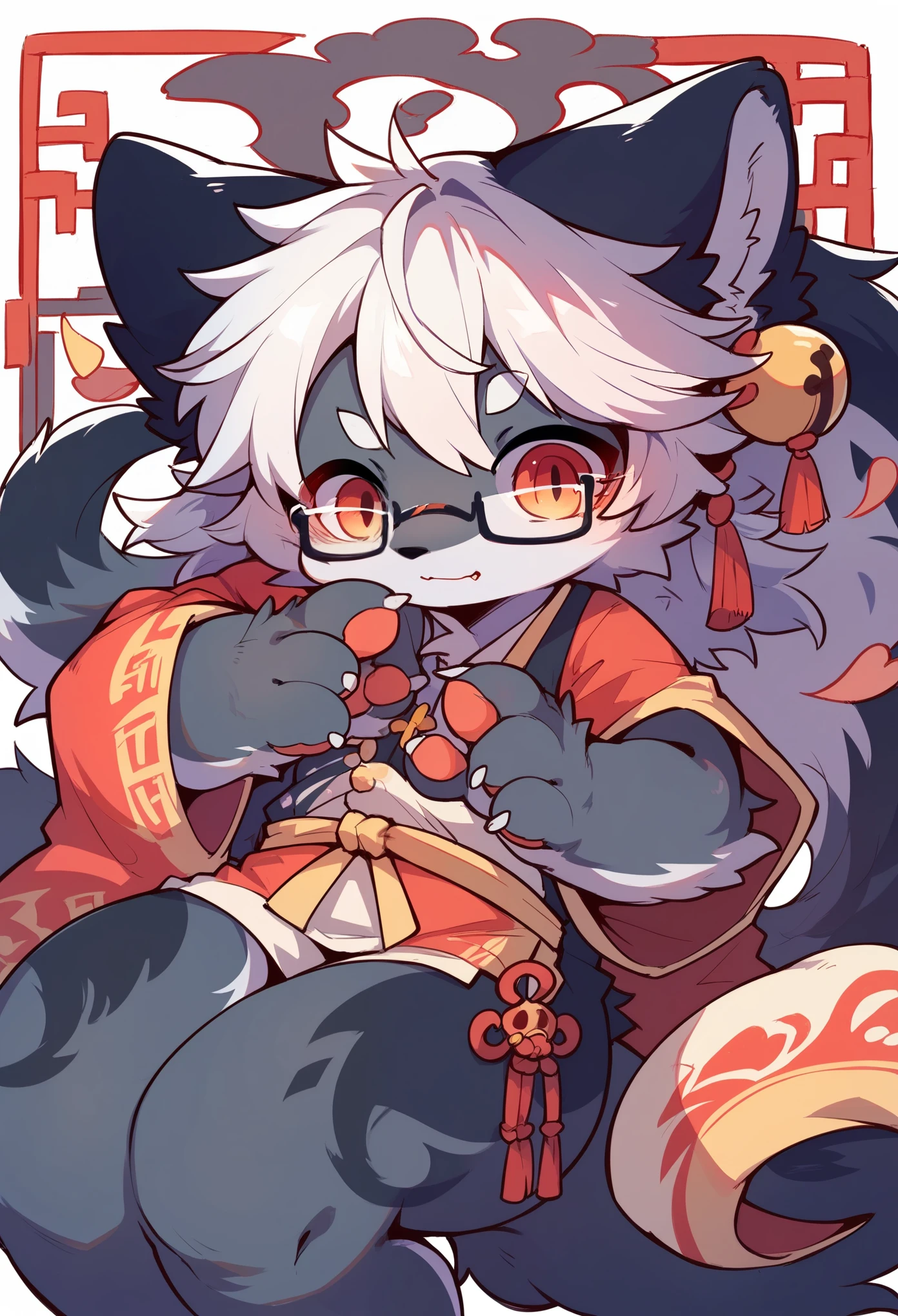 Wolf Girl，furry girl，Baby characteristics，White hair，Gray skin，Shawl，Chinese traditional clothing，Glasses，