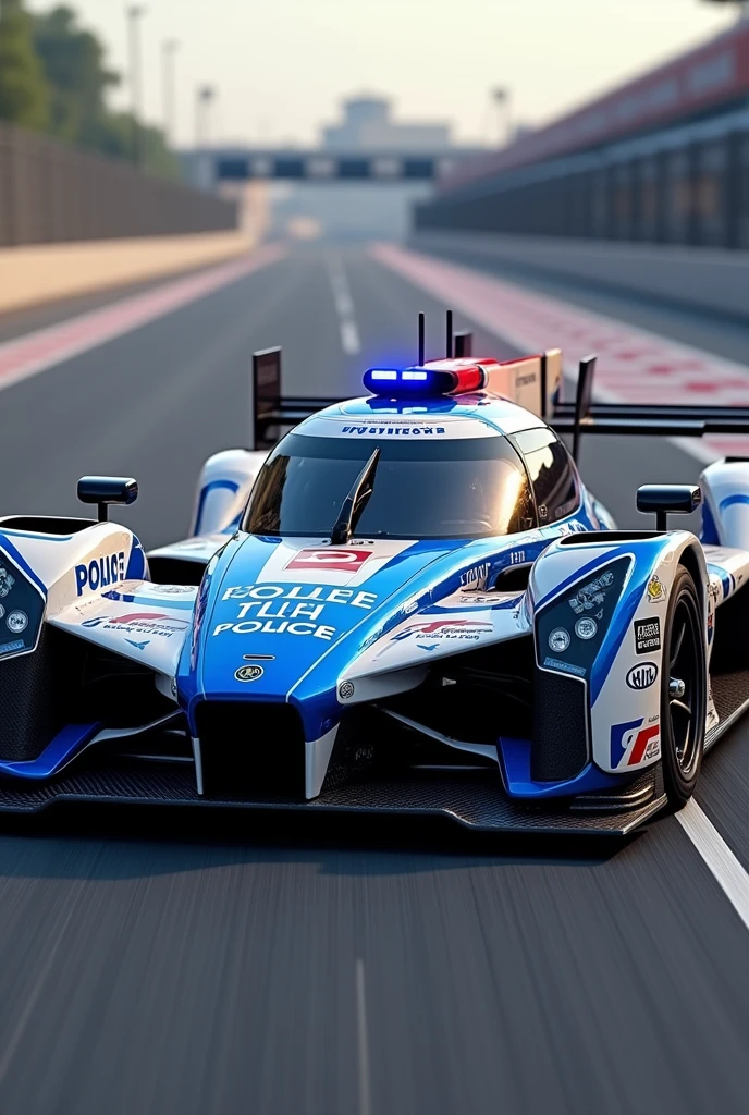 Formula car with police car paint, black and white Japanese police spec, The red police light flashes