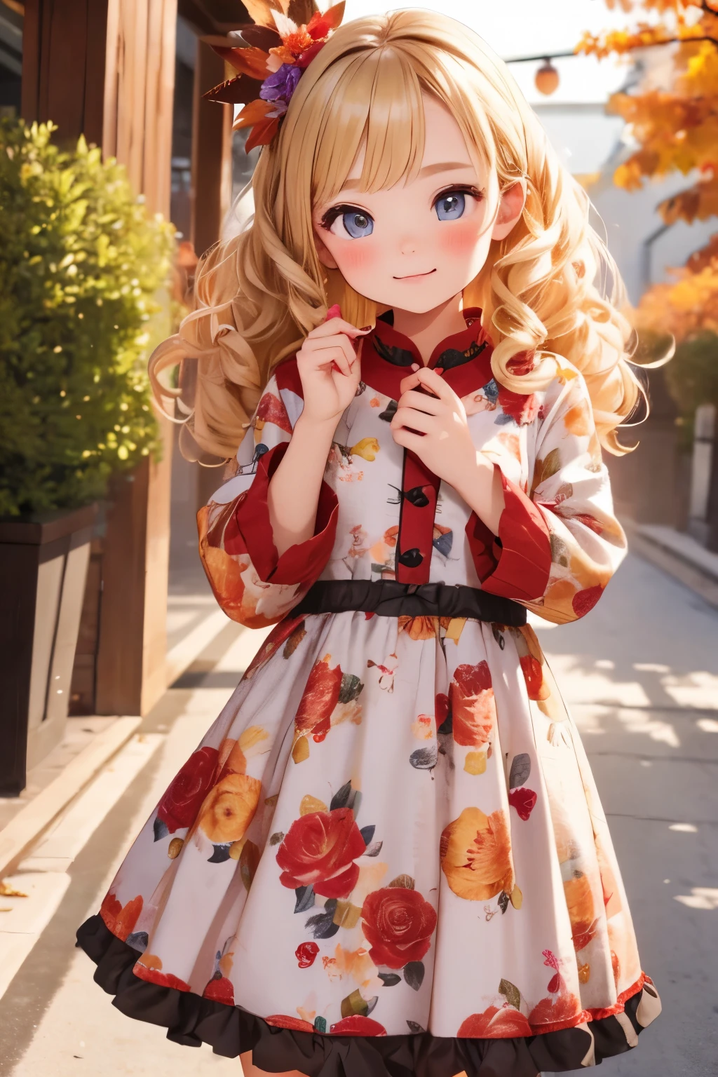 Best Quality, One ，Cute young tiny girl, blonde, Curly Hair, evil ，Floral Dress，The colors of the autumn festival stalls々i want to eat..，