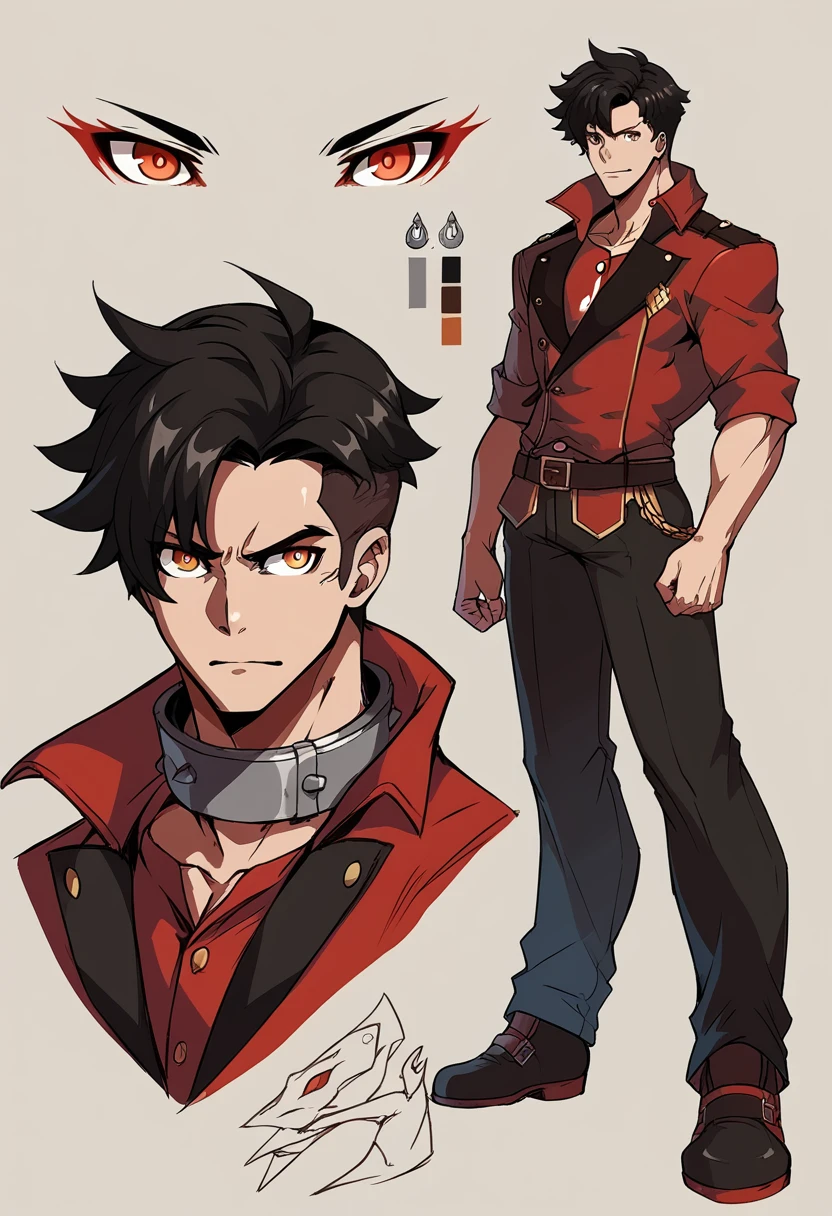 rwby Style ,Human Male,  hair Style , wearing red shirt, wearing big metal Collar , pupils, Simple background,character sheet , concept art ,