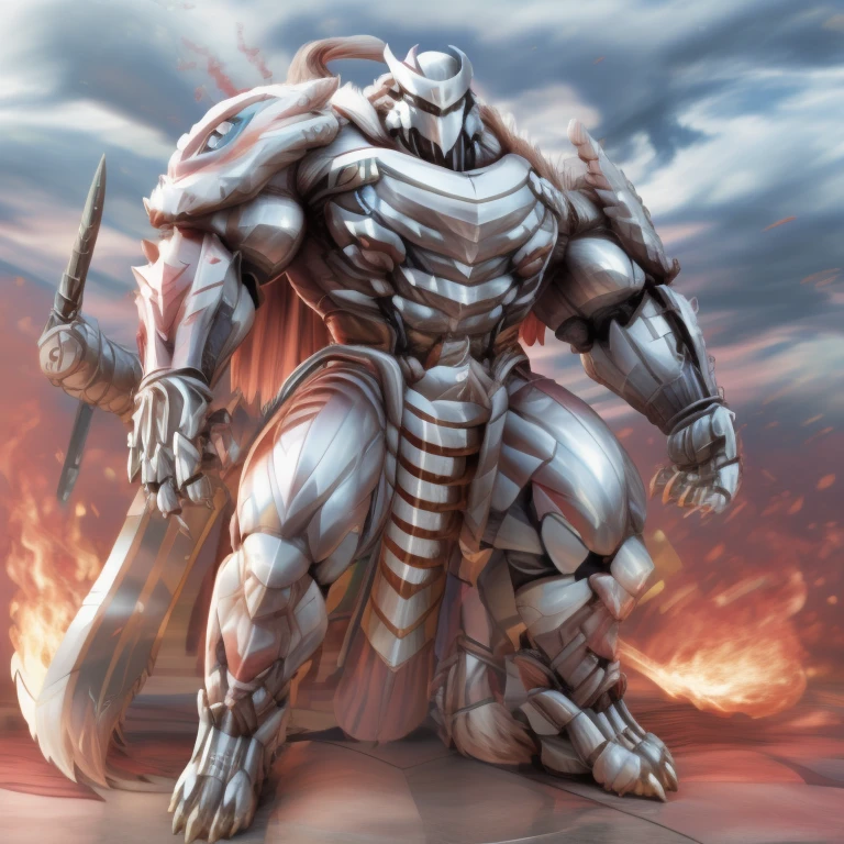 - Silver Samurai
- masterpiece. official art. 8k. best quality. detailed full body. full body.

- dominating Silver Samurai. Silver Samurai is over 1000 meters long. focus GIANT mechanical Muscular Silver Samurai is trampling the city. Looking down. macro. stomp. Low-angle perspective. emphasizing the immense size.

- smoke and flames rising from the destruction in the city)

- wearing a full-face helmet. high-tech bio-mecha armor. real texture material. whole body shines like metal. Wearing cyberpunk mecha. emphasizes the muscles. suit fully made of metal. intricate armor. Robotic suit. suit fully made of metal. cyborg. Powered exoskeleton with the same design as Silver Samurai.

- Detailed head. Detailed Body. Detailed abs. gigantic muscles. HYPER MUSCLES. Gigachad Muscular. big muscle. pecs. triceps. traps. unusually developed muscular body. body full of huge muscles. showing off muscles. pectorales enormes. Exaggeratedly huge muscles. huge muscles. long legs.

-NJfurry. silver samurai wears a long silver cloak.The claws are sharp. 5 toes.

- melee weapon, weapon, armor, plate armor, sword, floating weapon, anthro, knight, clothing, helmet, detailed background, white fur, claws, dragon pauldron,

- Silver Samurai, full armor, cyborg, science fiction, combat helmet, 
- robot, mecha, holding, holding armor, holding weapon

- by null-ghost
- 