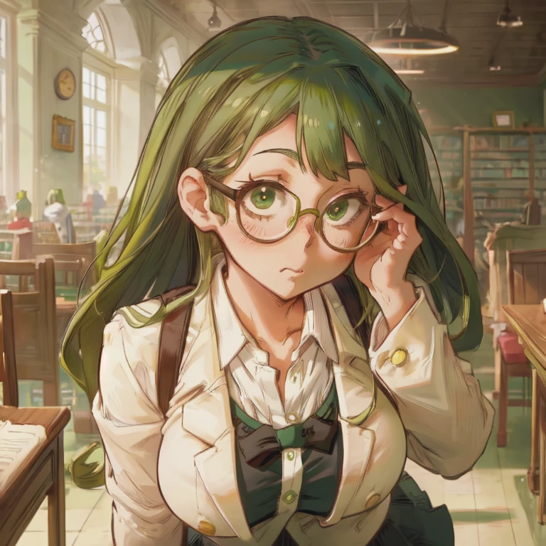 1 schoolgirl with a cute face, shy, ((blushing)), eyeglasses, long green hair, green eyes, big breasts , white blazer, black skirt, (in a library), (half-length portrait), masterpiece, (high definition), smooth and clean, ((anime)), (My Hero Academia artsyle)