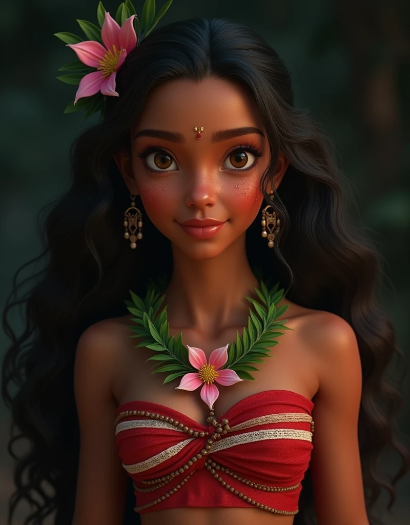 front facing head shot with upper third of torso looking into camera engaging intelligent kind gentle natural traditional dark skin beautiful 30 year old Hawaiian woman "goddess of plants" lei and head dress of Hawaiian flowers plain background