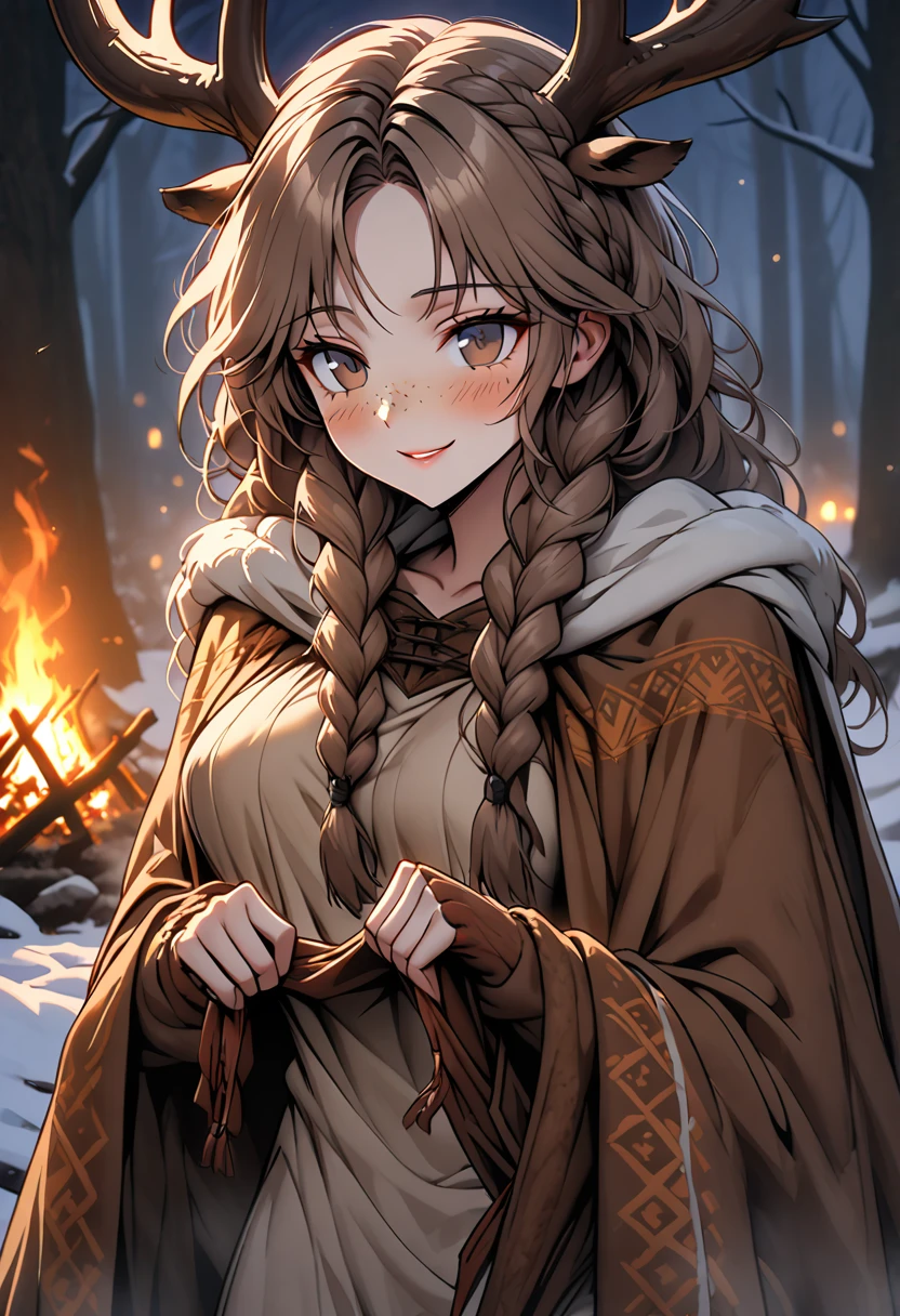 Solo:1.4, female, close up, long brown hair, wild hair, deer antlers, huge woman, brown eyes, cape and winter clothes, winter, forest, freckles, smile, ((deertaur)), villager clothes, medieval, deer body, deer lower body, braids, undressing, underwear, blush, romantic, dark, bonfire, night