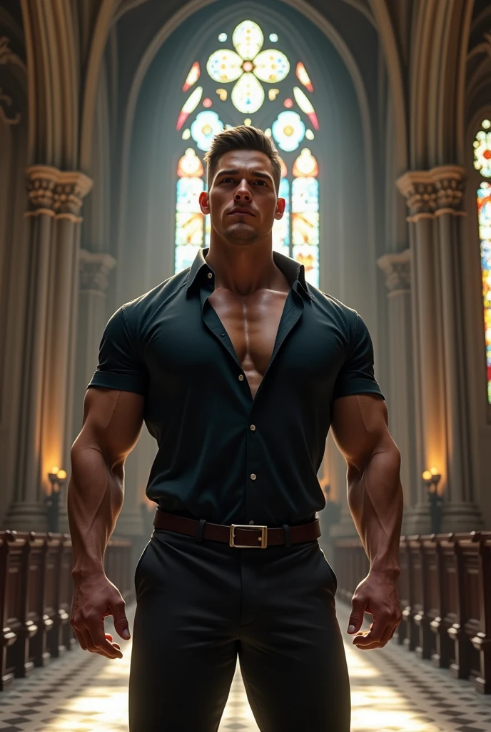 8k,8K resolution,2 Muscular Europeans, handsome man,charming eyes,dark skin,beautiful, smooth and shiny,Full muscles,Thick body hair,naked, (wearing a stylish suit),big bag,emphasize,2 men holding roses in church, happy smiling people,There are many flowers in the church,professional lighting,Professional photography,Realistic photos,realistic model,realistic art