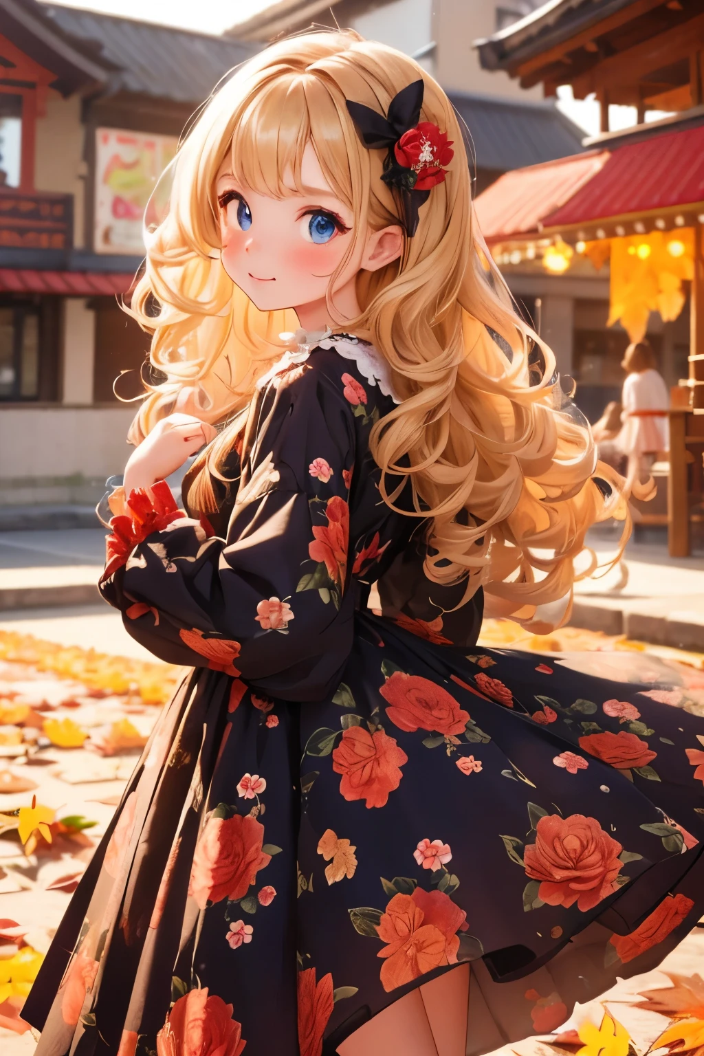 Best Quality, One ，Cute young tiny girl, blonde, Curly Hair, evil ，Floral Dress，The colors of the autumn festival stalls々i want to eat..，