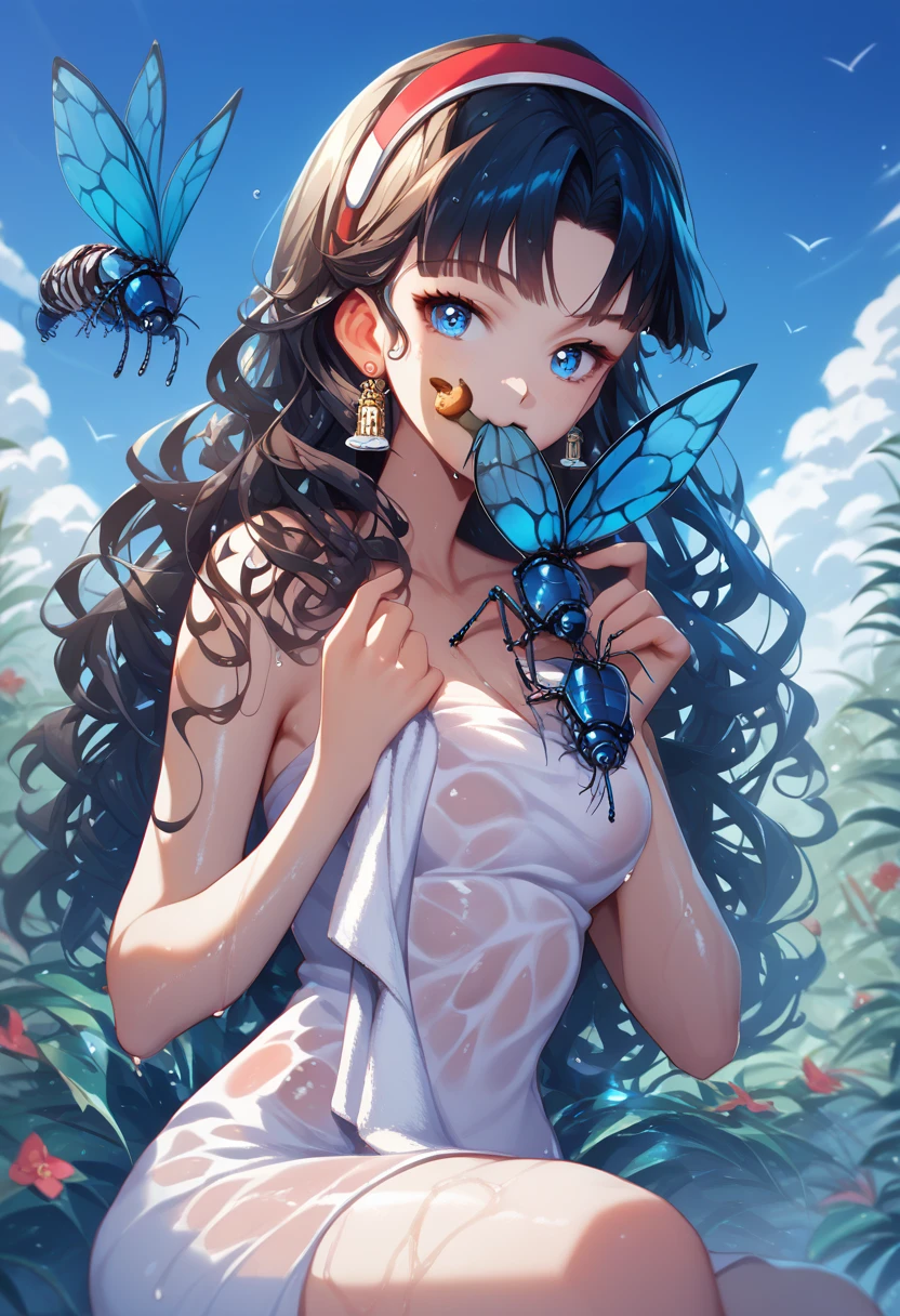 (Ultra HD:1.3), 1girl,looking at viewer,(beautiful detailed blue eyes), sitting, (amagi_Yukiko), (anime eyes), curly Hair, wearing wet bodytowel, (Eating insects:1.2),  (Gnawing at insects), face, (masterpiece, ultra-detailed)