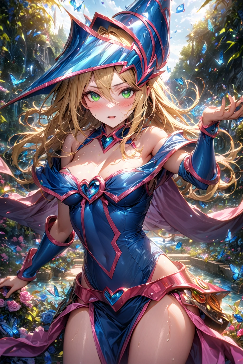 absurdres, highres, ultra detailed, HDR, master piece, best quality, extremely detailed, detailed eyes, detailed face, Dark Magician Girl, blonde hair,, expressive green eyes, Yu-Gi-Oh!, solo, woman, beautiful, blue clothes with pink, magical, fantasy, garden, blue butterflies, blue flowers, blue petals, water, magic, powers