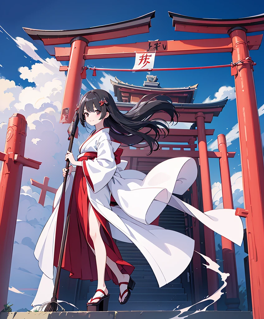 (One )、(())、Beautiful black eyes、((Small breasts))、(Slender)、Best Quality、8k、masterpiece、((White kimono、Red long skirt))、Long straight black hair、Full body painting、Smiling、Sweeping with a broom、Two perfect legs、A red torii gate stands in the background.、Anime Girls