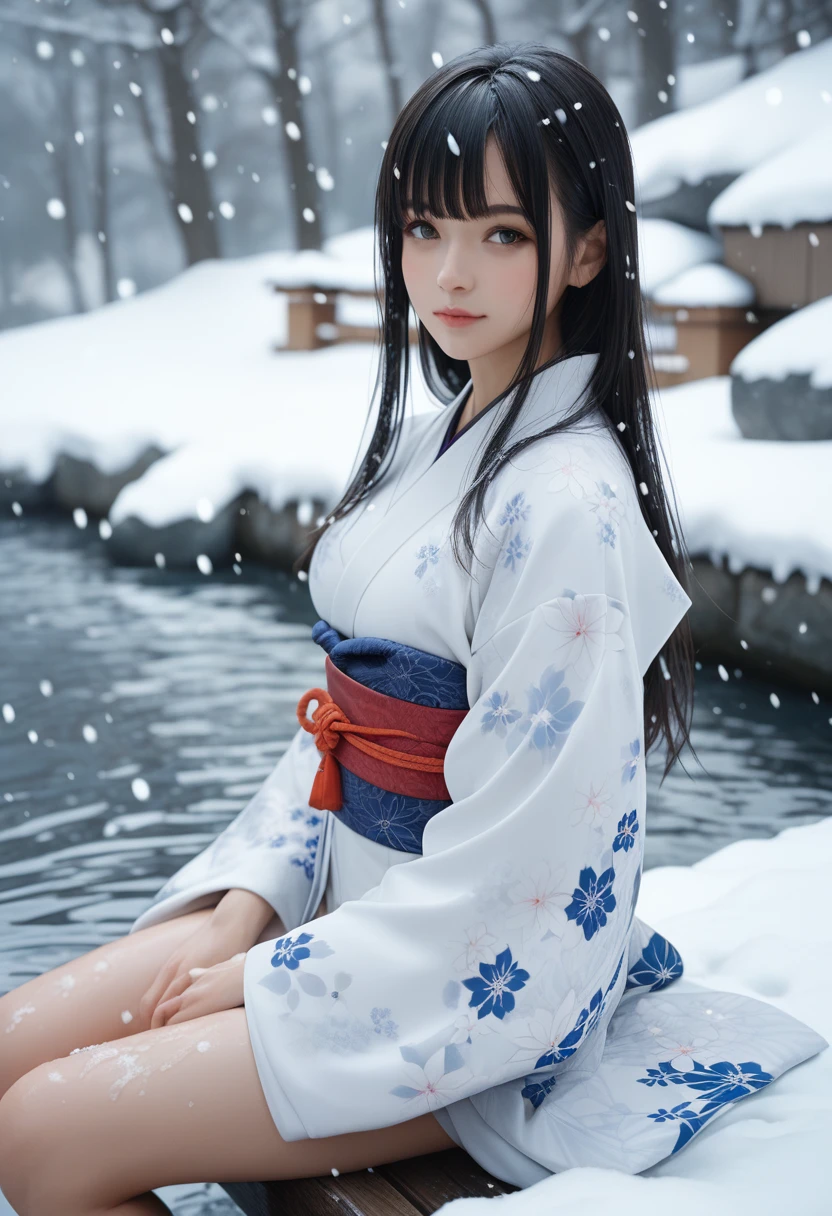 score_9, score_8_up, score_7_up, 1girl, solo, looking at viewer, short hair, bangs, blue eyes, beautiful detailed eyes,black hair, long sleeves, sitting, closed mouth, small breasts, nipples, outdoors, open japanese clothes, wide sleeves, open kimono, water, sash, obi, floral print, snow, snowing, white kimono, print kimono, dildo masturbation, break,(clear line illustration:1.2), super detailed skin,very high resolution, very aesthetic, Best sexual lighting powered by famous artist, 8k,cute picture,beauty illustration,photoshop_(medium),,(Detailed Lighting),uncensored,