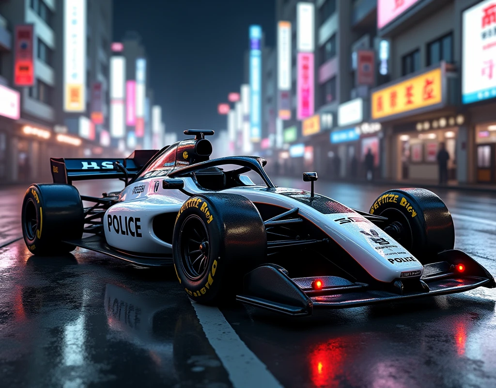 Formula car with police car paint, black and white Japanese police spec, The red police light flashes