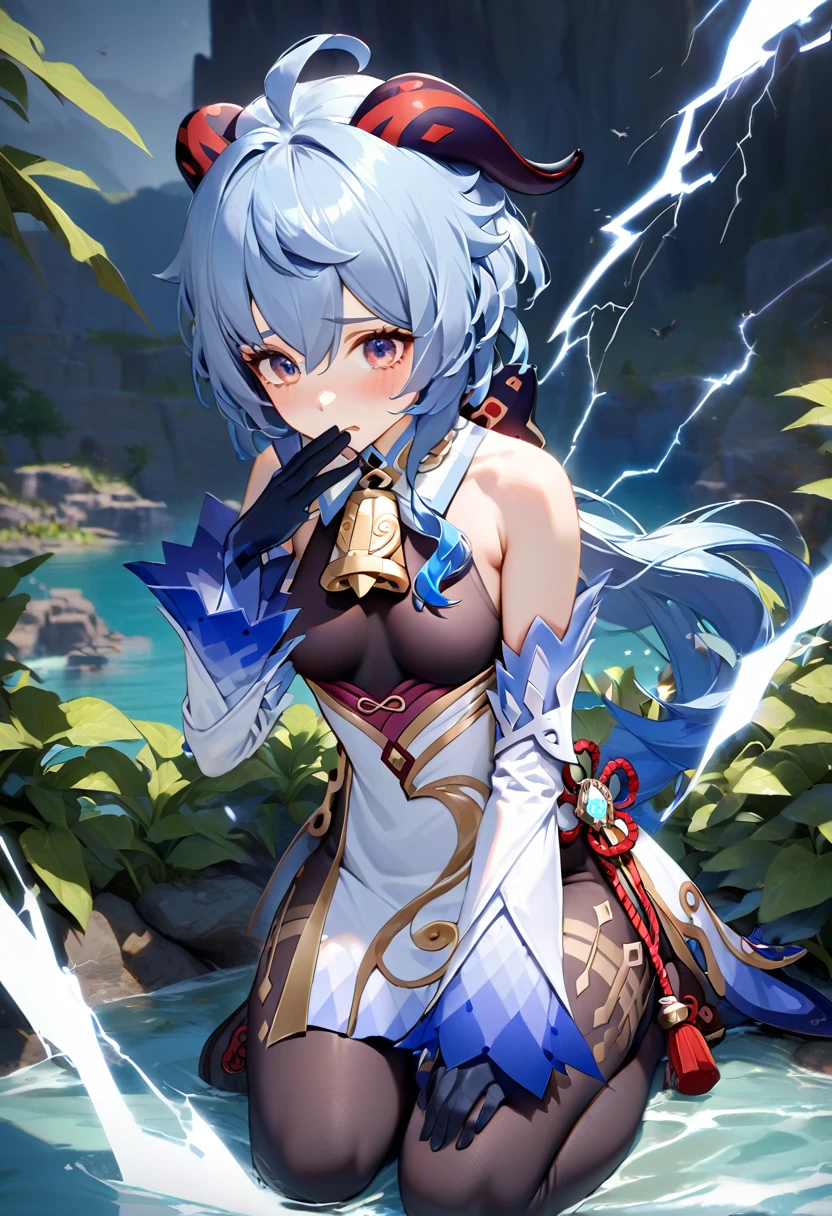 (8K, Masterpiece, Lightning lateral, shading, beautiful eyes), 1.4: 1 girl, Genshin-ganyu, bare shoulders, blue hair, ojos morados, Black gloves, Black stockings, campaign de cuello, campaign, Chinese knot, unbuttoned sleeves, flower knot portrait, waist up, narrow waist, blushing, portrait, realistic, 3d way 1.3: posture, surprised face, hands in mouth, blushing, perfect anatomy, perfect body, Hiring, 1.2 bottom: kneeling behind some bushes, lagoon with flowers, birds, behind mountains, perfect bodies, perfect anatomy, Perfect fingers, Lightning, shading.