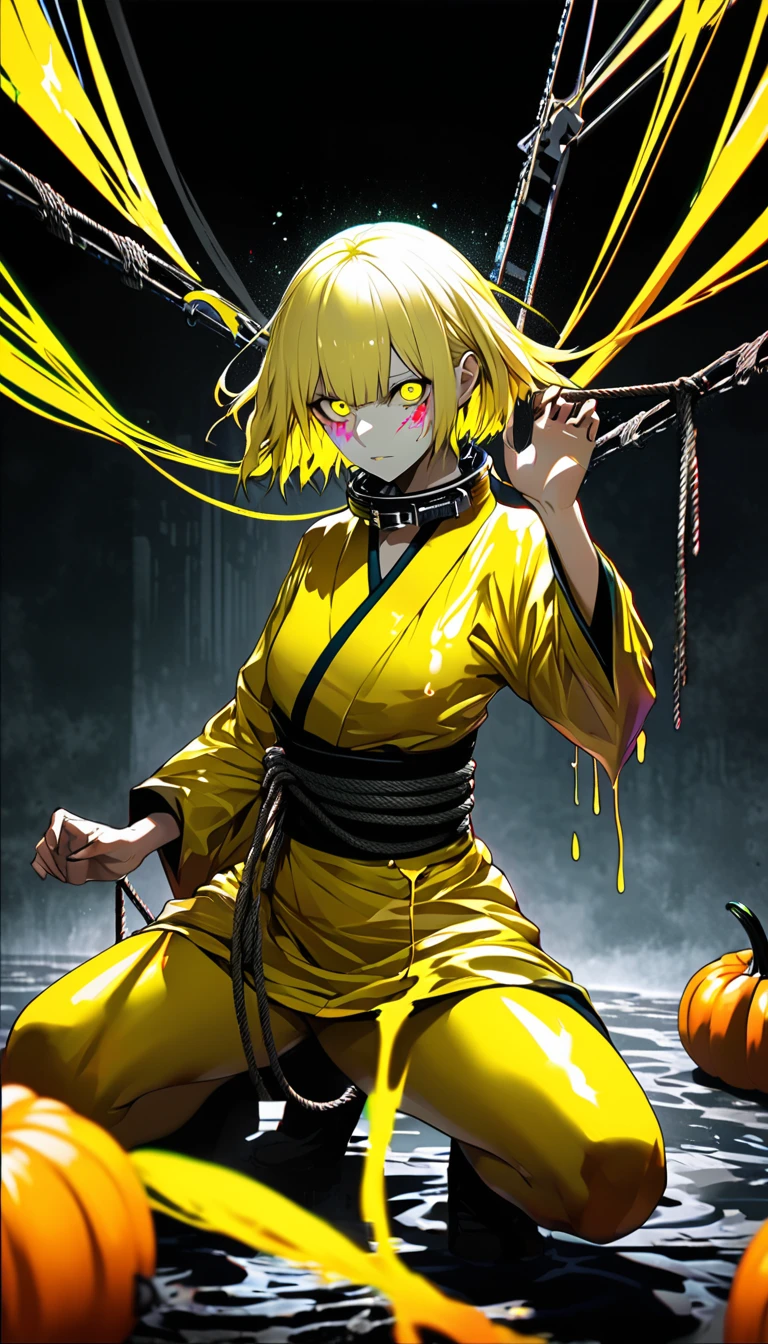 to-ka( tokyo ghoul ), ishida sui, water color, amazing, detailed glowing yellow eyes, yellow and black clothes, half liquid body, studio lighting, cyberpunk, young girl, yellow hair, yellow eyes, killer machine, foggy atsmophere, Toyko Ghoul, BREAK Highest Quality, Highest Resolution, Detailed and crisp image quality, Super Retina, Adult sex appeal, melancholy, Feeling of weakness, Detailed and complex, Colorful, Transparent full color coating, Light and Dark, High Contrast, aesthetic, Full Body Shot, dynamic pose, 16K((ultra-detailed)), (humid room), (roped attaching to collar:1.2), extreme detailed, colorful, highest detailed, claw pose, fighting stance, waki kimono odori, Glitch Art, Swinging her rope, she goes wild, Melting body, shout, helloween night carnival, heavy pumpkin soul, depth of field