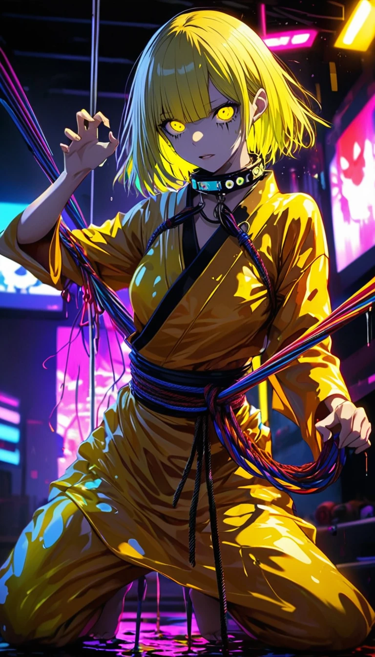 to-ka( tokyo ghoul ), ishida sui, water color, amazing, detailed glowing yellow eyes, yellow and black clothes, half liquid body, studio lighting, cyberpunk, young girl, yellow hair, yellow eyes, killer machine, foggy atsmophere, Toyko Ghoul, BREAK Highest Quality, Highest Resolution, Detailed and crisp image quality, Super Retina, Adult sex appeal, melancholy, Feeling of weakness, Detailed and complex, Colorful, Transparent full color coating, Light and Dark, High Contrast, aesthetic, Full Body Shot, dynamic pose, 16K((ultra-detailed)), (humid room), (roped attaching to collar:1.2), extreme detailed, colorful, highest detailed, claw pose, fighting stance, waki kimono odori, Glitch Art, Swinging her rope, she goes wild, Melting body, shout, helloween night carnival, heavy pumpkin soul, depth of field